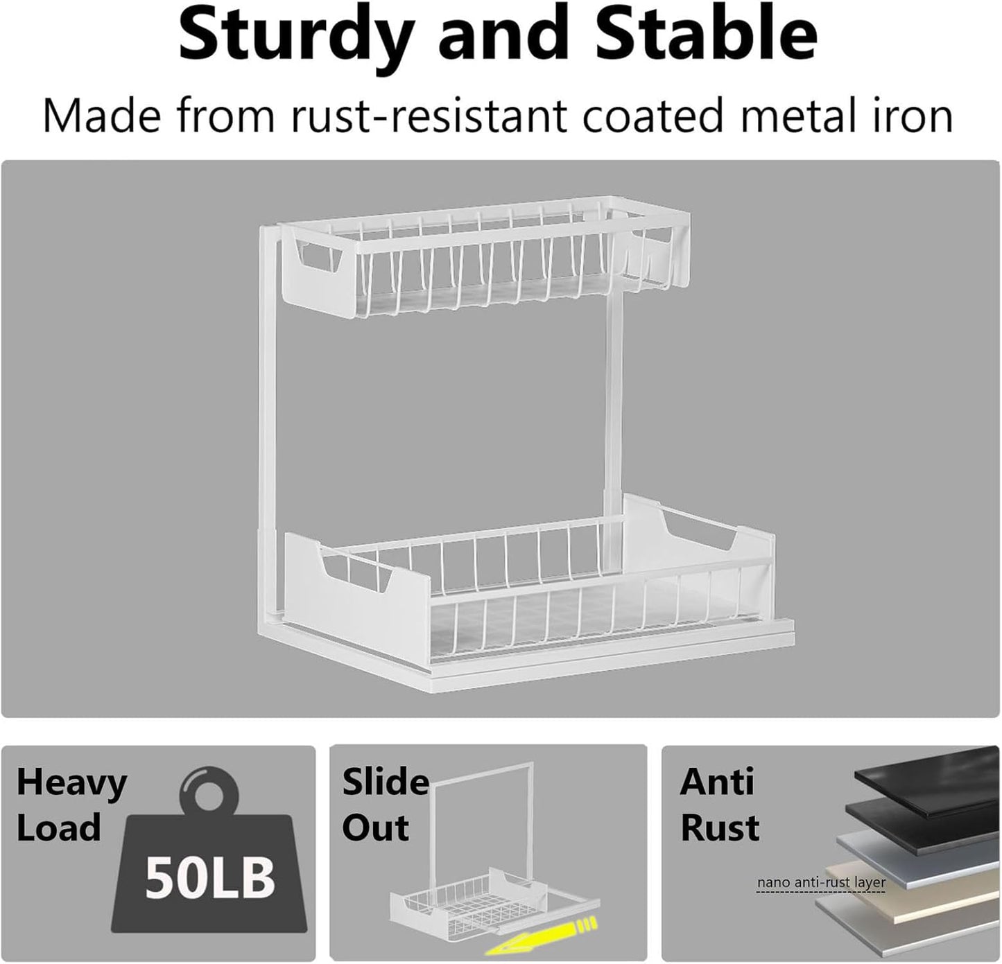 Under Kitchen Sink Organizers and Storage Pull Out 2 Tier Metal Bathroom Cabinet Organizer (White, 1 Pack)