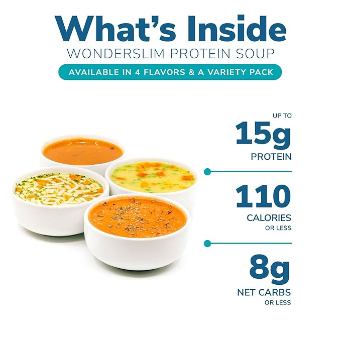 WonderSlim Protein Soup, Variety Pack, 70-110 Calories, 12-15g Protein, 0-1.5g Fat (7ct)