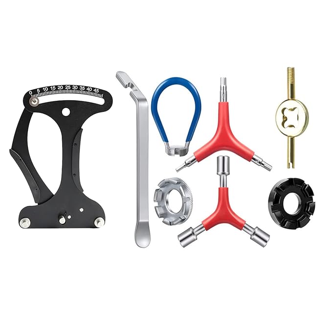Bicycle Spoke Tension Meter Wrench Repair Tool Set, 8pcs Adjustment Bike Bicycle Spoke Indicator Tensiometer Wrench, Wheel Repair Tool W/Valve Wrench/Spoke Wrench/Tire Lever/Hex/Socket Wrench