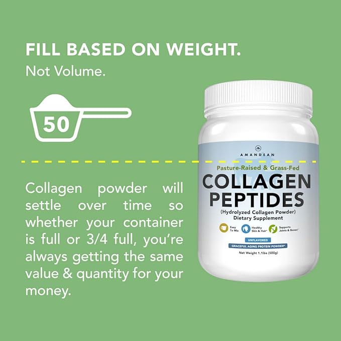 AMANDEAN Collagen Peptides Powder (17.6oz). Grass-Fed Hydrolyzed Protein Supplement. Promotes Healthy Joints, Skin, Hair, Nails. Unflavored & Easy to Mix.