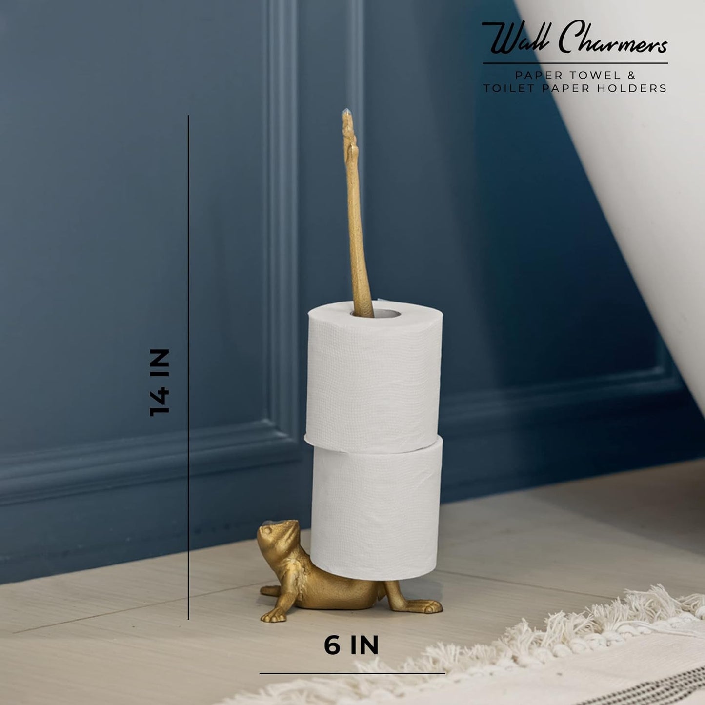 WallCharmers Gold Paper Towel Holder, Metal Toilet or Kitchen Paper Holder for Floor or Countertop, Gold Frog