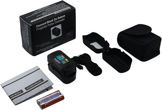 Concord Fingertip Deluxe OLED Pulse Oximeter with 6 way Reversible Display - Blood Oxygen Saturation Monitor with Carrying Case, Batteries and Lanyard - Easy to Use, Accurate SpO2 (Black Ox)