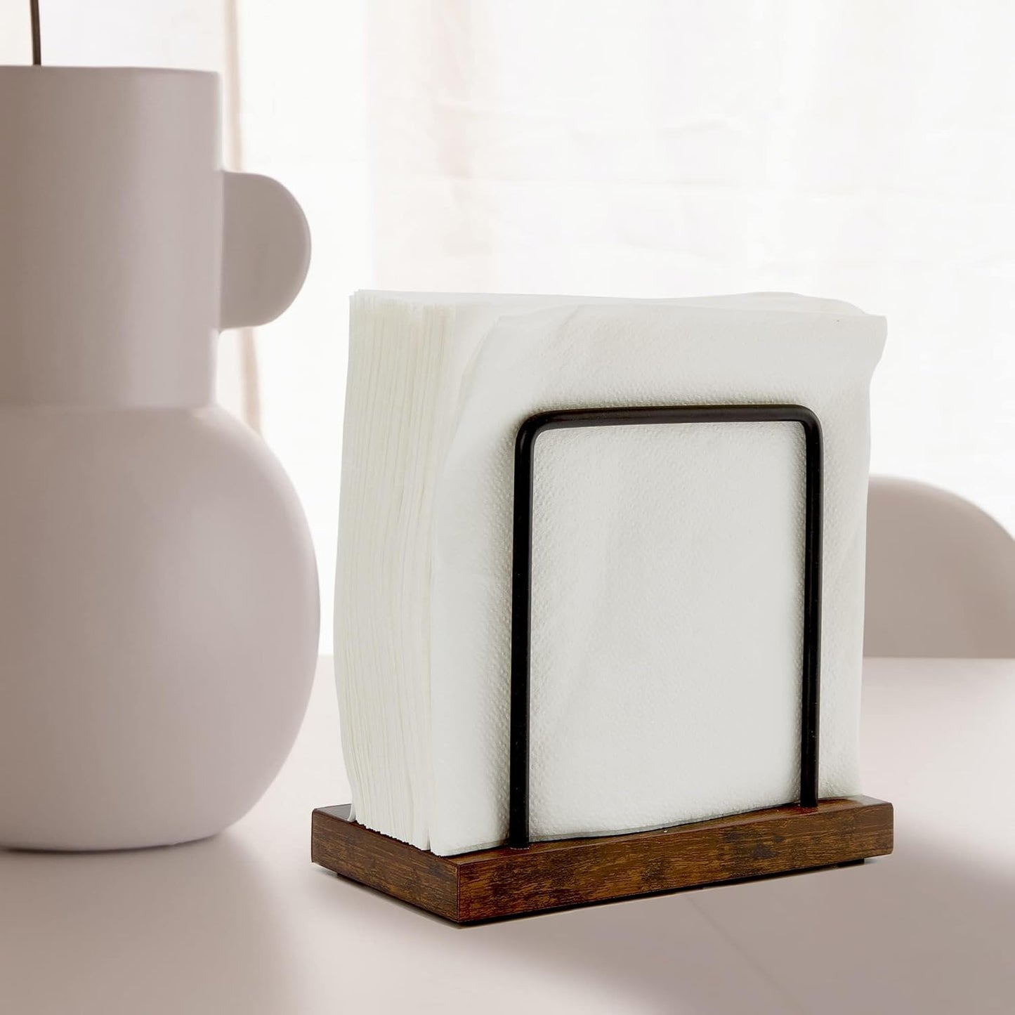 Wood Napkins Holder with Metal Wire, Standing Napkin Holder for Table, Kitchen & Dining Room Décor