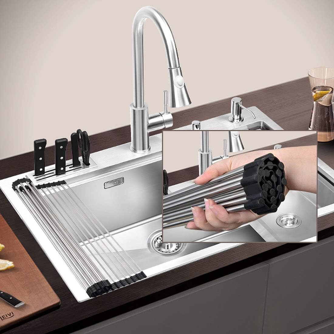 Ahyuan Roll up Dish Drying Rack Over The Sink Kitchen Roll up Sink Drying Rack Portable Dish Drainer Foldable Dish Drying Rack (Black, 20.5''X11.2'')