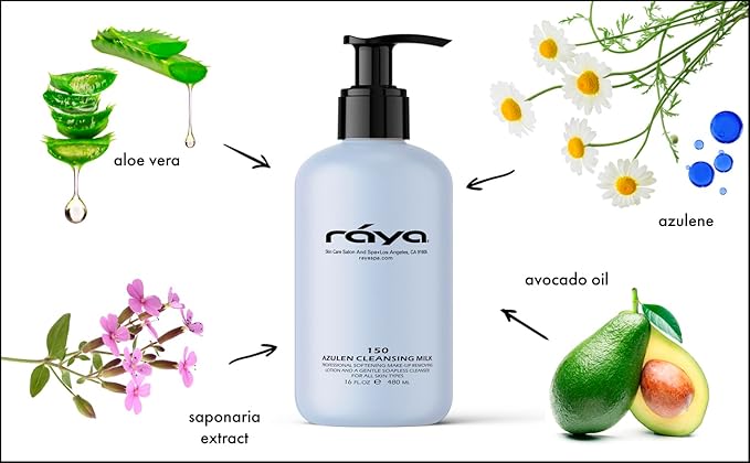 Raya Azulen Facial Cleansing Milk 16 oz (150) | Calming and Refining, Soap-Free Fluid Cleanser and Make-Up Removing Lotion | Made with Azulene Extract and Aloe Vera | Great for Sensitive Skin