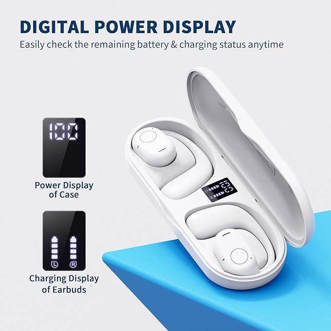 PSIER Open Ear Bluetooth Headphones, 40 Hours Playtime Bluetooth 5.3 Wireless Sports Earbuds with Digital Display Charging Case, White