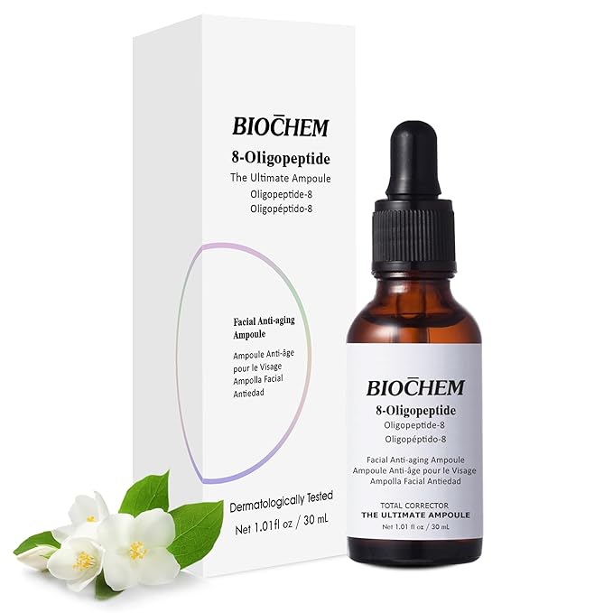 BIOCHEM 8-Oligopeptide Anti-Aging Face Ampoule – 30ml /1fl For Mature Skin – Hydrating Serum with NaPCA, Hyaluronic Acid for Wrinkle & Age Spots – Formula Firms, Lifts, Smooths– For All Skin Types