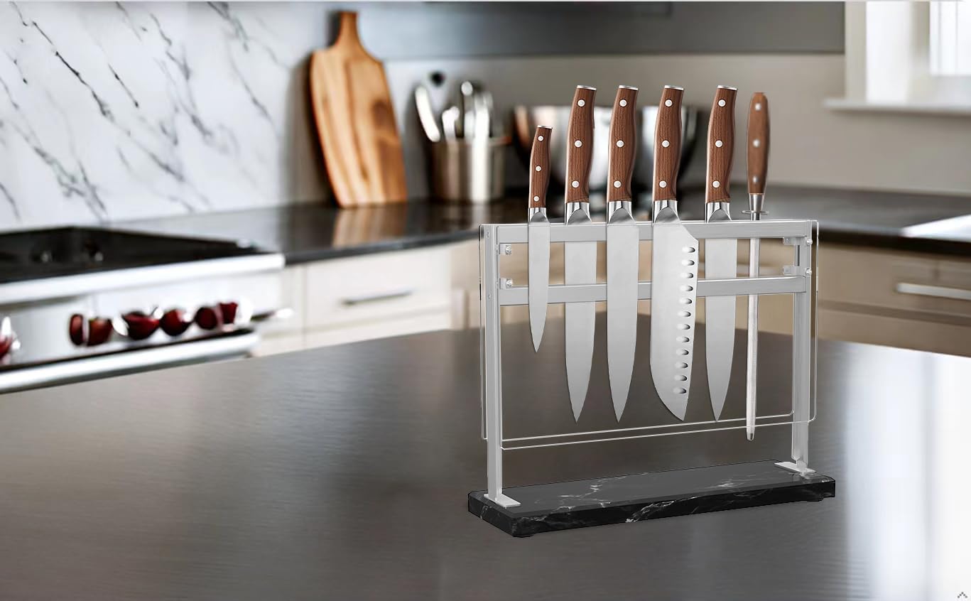 Magnetic Knife Stand Block with Marble Base, Double-sided Stainless Steel Magnets for Countertop with Acrylic Shield, Magnetic Knife Holder for Kitchen Storage, 12 IN, Black