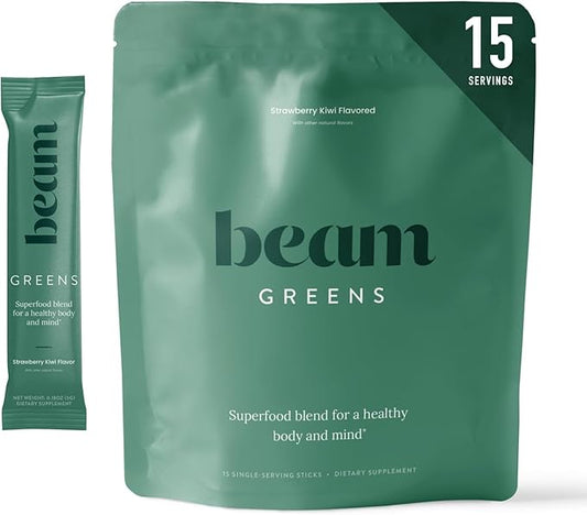 Beam Greens Powder, Superfood Supplement for Gut Health, Vegan Organic Blend with Ashwagandha, Vitamin C, B12, B6, D, Non-GMO Daily Detox & Immune Support, Strawberry Kiwi Flavor, 15 Servings
