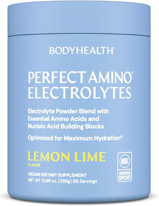 BodyHealth PerfectAmino Electrolytes Powder No Sugar, Hydration Fasting Keto Zero Sugar Electrolytes Drink Mix with Trace Minerals - NSF Certified for Sport - Lemon Lime - 66 Servings