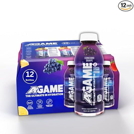 A-GAME Sports Drink, Concord Grape, The Ultimate Hydration Sports Beverage for Athletes, 8 Essential Vitamins including B, C, & E plus Natural Sea Salt Electrolytes, All Natural Flavors & Sweeteners, Gluten Free, 16 Fl Oz (Pack of 12)