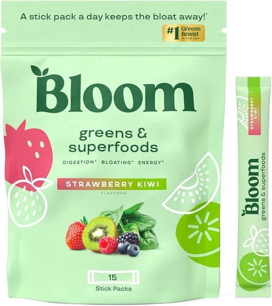 Bloom Nutrition Greens and Superfoods Powder Packets for Digestive Health, Greens Powder, Digestive Enzymes, Probiotics, Spirulina, Chlorella for Bloating & Gut Support, 15 Stick, Strawberry Kiwi