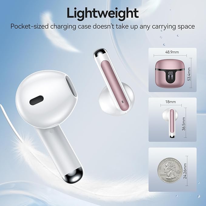 Wireless Earbuds, 2025 Bluetooth 5.3 Headphones HiFi Stereo 50H Playback Ear Buds with Led Digital Display, ENC Noise Cancelling Earbuds for Laptop Computer, iOS, Android, Rose Gold