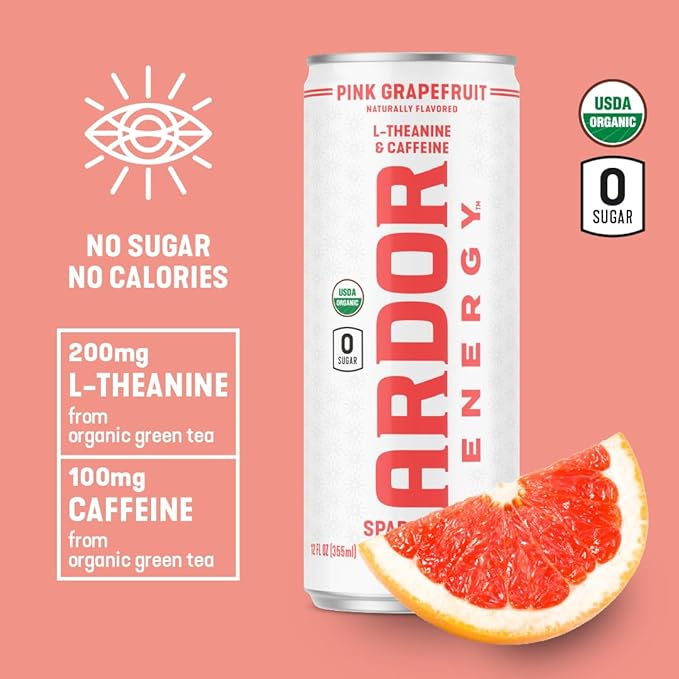 ARDOR ENERGY Sparkling Water with 100mg Natural Caffeine & 200mg L-Theanine from Organic Green Tea for Smooth Energy & Focus | Healthy Energy Drink | No Sugar, Zero Calories, Vegan, Gluten-Free | Pink Grapefruit (Pack of 12, 12oz cans)