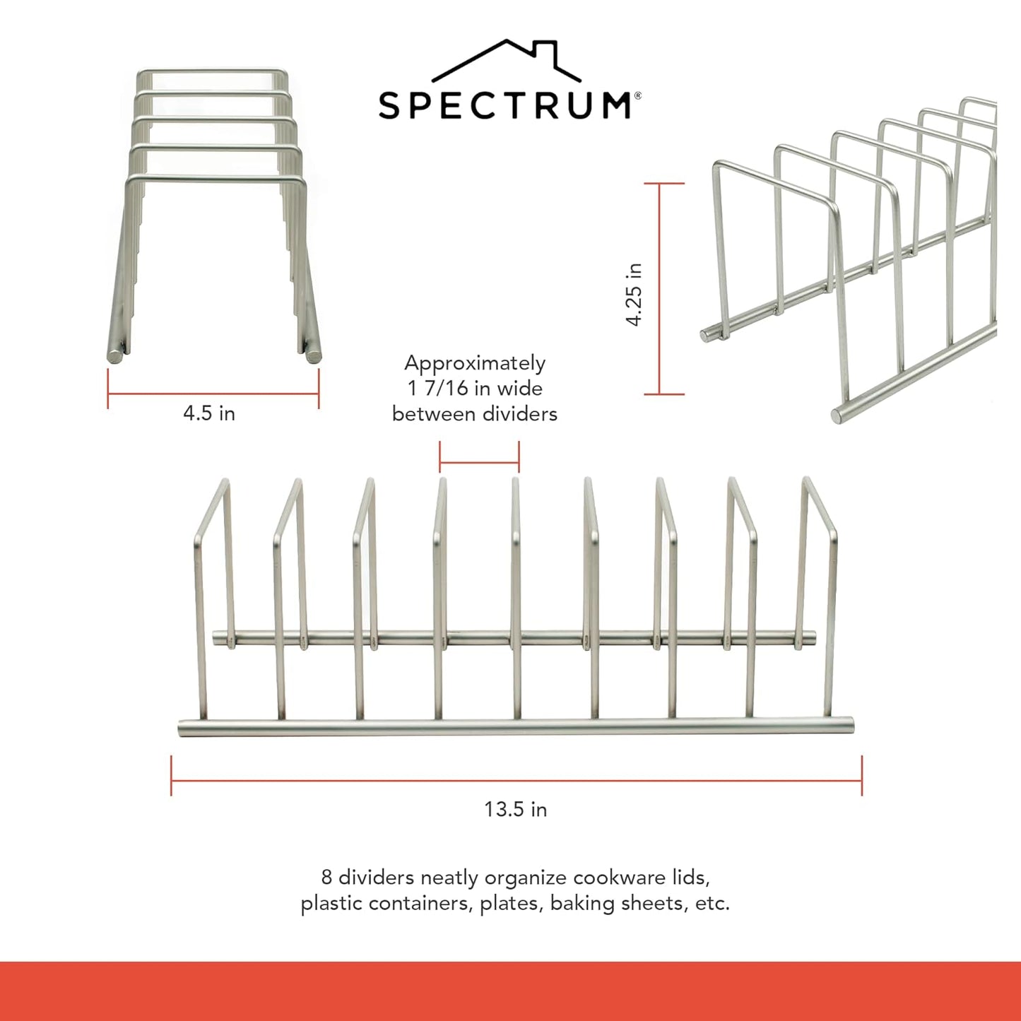 Spectrum Euro Cutting Board Holder Stand for Countertop or Inside Kitchen Cabinet Organization Satin Nickel, 8 Slot Cutting Board Drying Rack or Cabinet Plate Bakeware Storage Organizer
