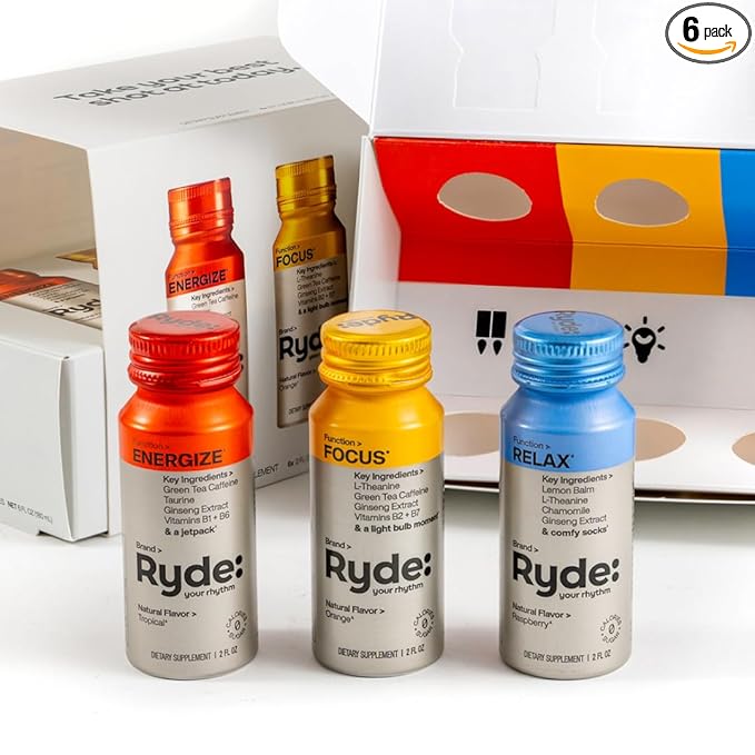 RYDE: Discovery Pack | Energize, Focus & Relax Shots | Green Tea Caffeine, Taurine, Ginseng, B Vitamins, L-Theanine, Lemon Balm, Chamomile | 0 Calories, 0 Sugar | Variety Pack – Try Them All (6 Pack)