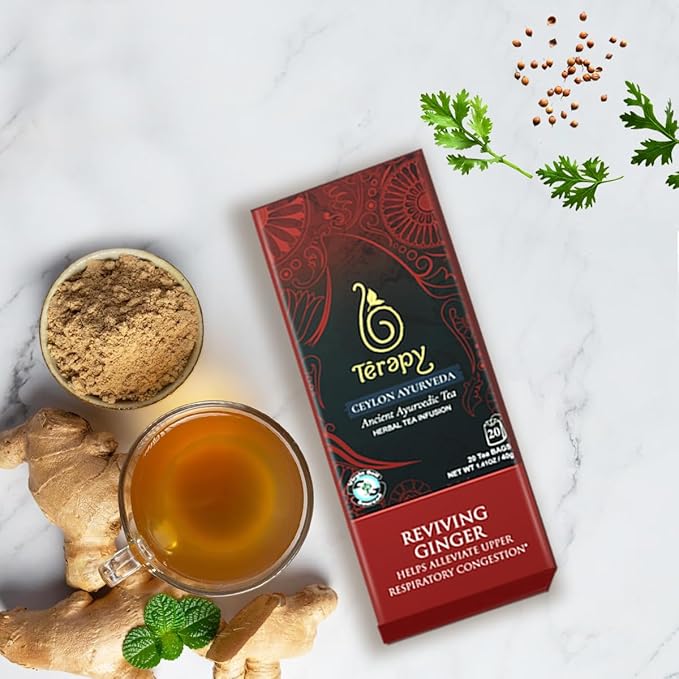 Tรฉrapy Ceylon GINGER & HONEY Tea | Organic Herbal Tea Bags | 100% Natural Ayurvedic Ingredients Including Organic Ginger, Wild Beeโs Honey, Ashwagandha & Lemongrass | 20 Individually Wrapped Tea Bags