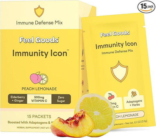 Feel Goods Immunity Icon, Zero Sugar, Vitamin C, A, B, D, E & Zinc, Organic Elderberry, Ashwagandha, Drink Mix Powder, Vegan, Non GMO, Caffeine & Gluten Free | Peach Lemonade, 15 Count
