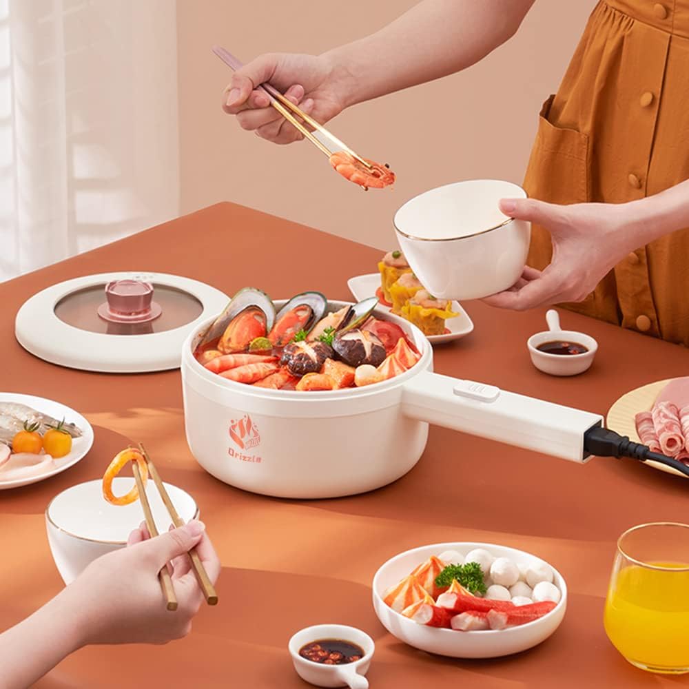 Drizzle Electric Hot Pot Cooker Steamer 1.8L Multifunctional Nonstick Pan Office Dorm Cooking Portable Ramen Cooker Steamer Boil Dry Protection Suitable For Noodle Cooker Eggs StirFrying