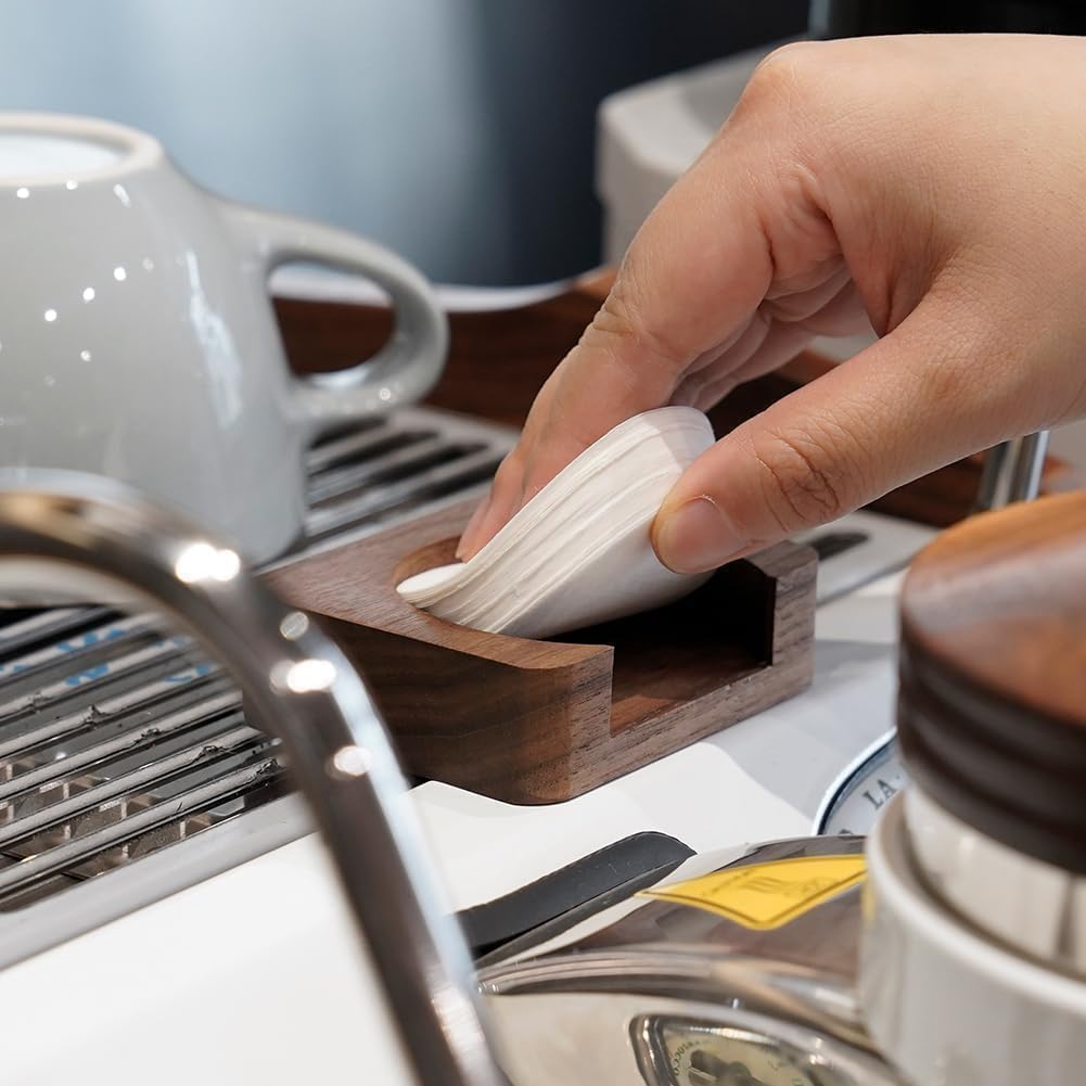 watchget Espresso Paper Filter Holder Coffee Filter Storage Container Coffee Filter Dispenser Compatible with 51mm/53mm/54mm/58mm Round Disposable Puck Screen Paper Filters, Wood