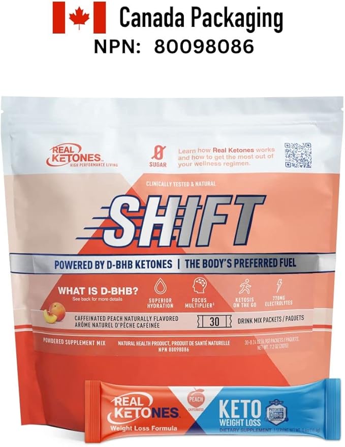 Real Ketones BHB Exogenous Ketones Drink Mix Packets Keto Electrolytes Powder Packets No Sugar with 4 Main Fasting Electrolytes Plus Hydrating Patented Keto BHB - 30 Count Peach Caffeine