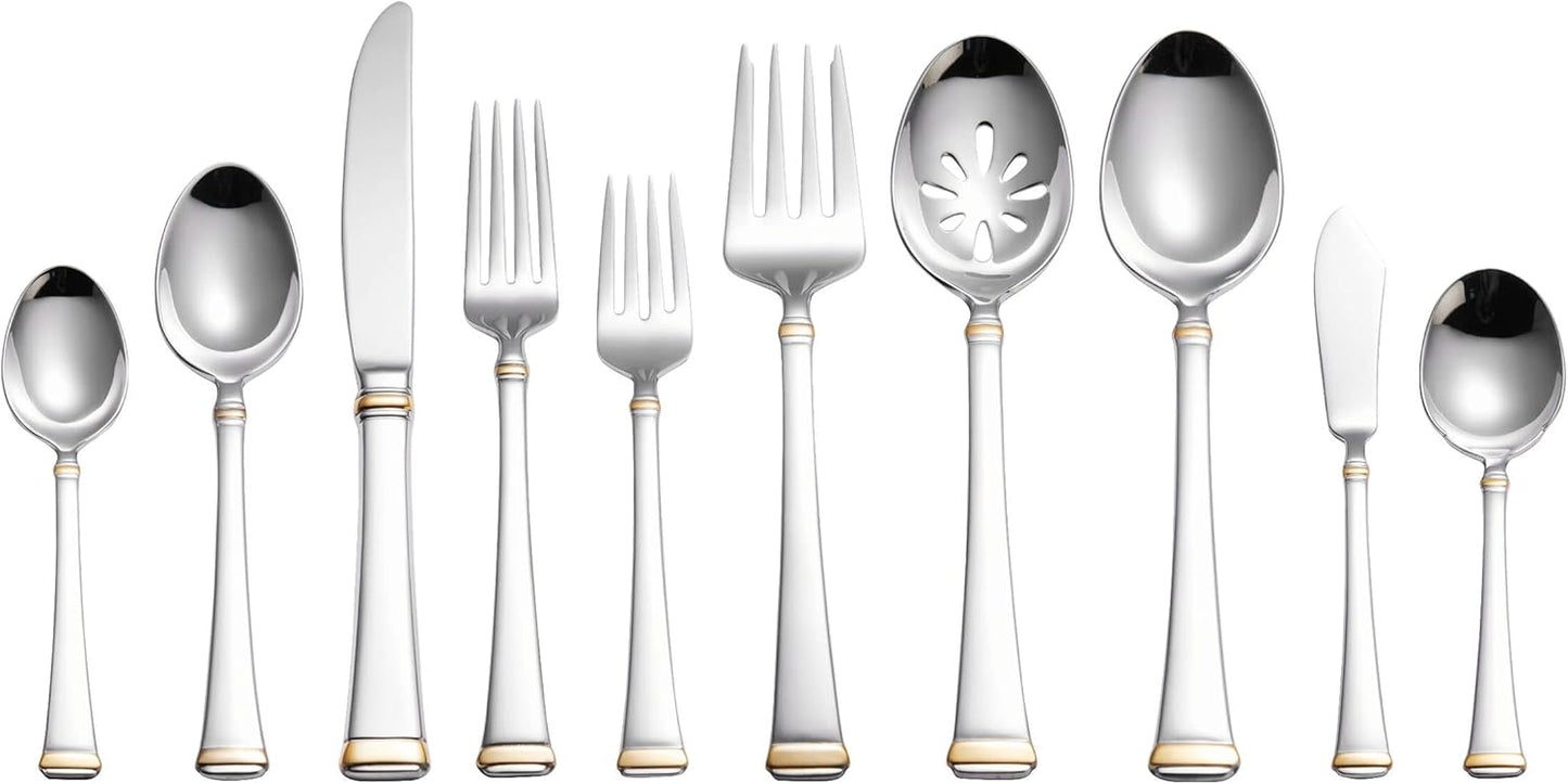 Mikasa Gold Accent Harmony Flatware Set for 12, 65 Piece 18/10 Stainless Steel Silverware with Gold-Trimmed Handles and Serving Utensils, Elegant Dinnerware Service