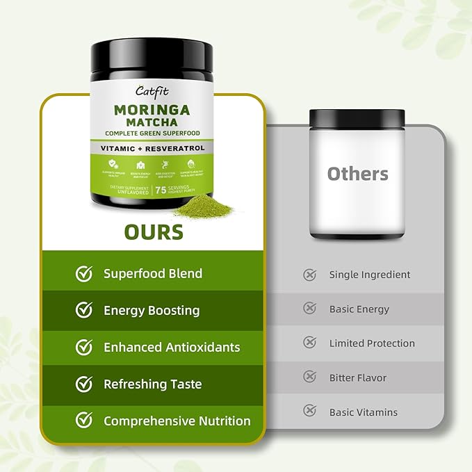 Matcha Moringa Powder – Superfood Blend with Green Tea & Resveratrol, Energy & Focus Support, Immune & Antioxidant Defense, Vegan, Gluten-Free, 8oz