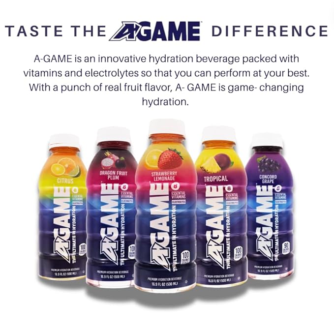 A-GAME Sports Drink, Tropical, The Ultimate Hydration Sports Beverage for Athletes, 8 Essential Vitamins including B, C, & E plus Natural Sea Salt Electrolytes, All Natural Flavors & Sweeteners, Gluten Free, 16.9 Fl Oz (Pack of 12)