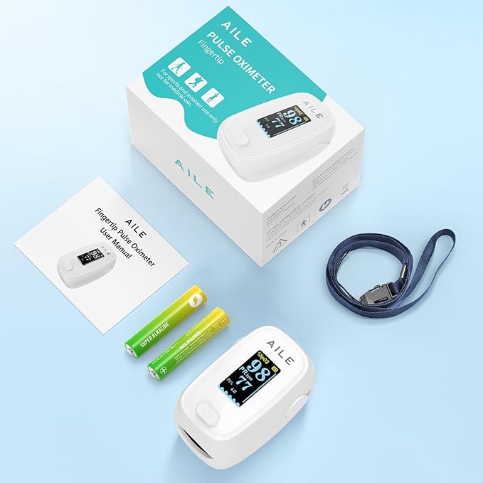 Pulse Oximeter with Fingertip Oxygen Meter : AILE Compact Fingertip Pulse Oximeter - Blood Oxygen/Heart Rate Monitor - 4 Color Screen Display - Including 2AAA Batteries for Athletic & Home (White)