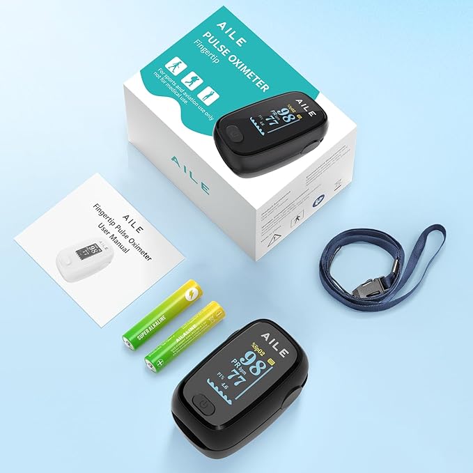 Pulse Oximeter with Fingertip Oxygen Meter : AILE Compact Fingertip Pulse Oximeter - Blood Oxygen/Heart Rate Monitor - 4 Color Screen Display - Including 2AAA Batteries for Athletic & Home (Black)