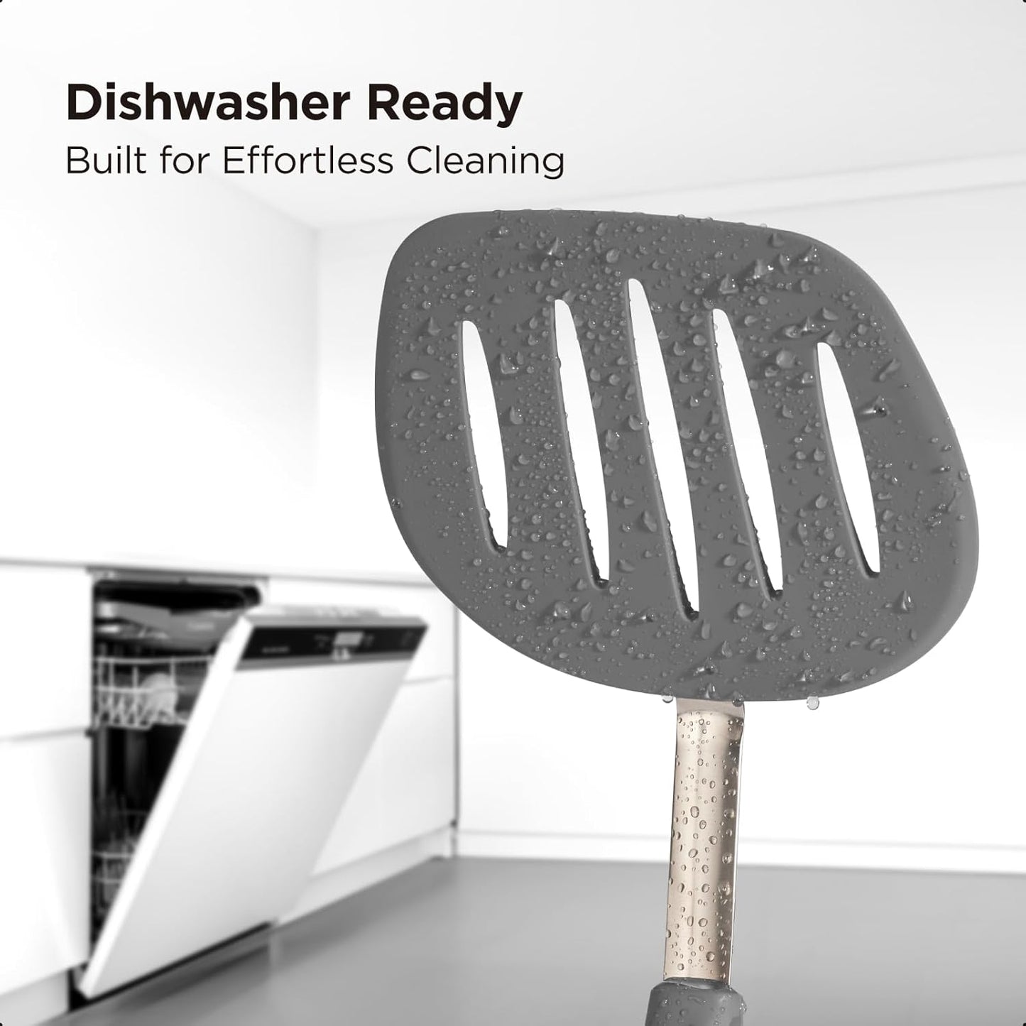 Kitchen Mama WaltzGrip Platinum Silicone Pancake Spatula Turner: Heat Resistant Flexible, Stainless Steel Core, Nonstick, Dishwasher Safe, Flipper – Ideal Kitchen Cookware Egg, Fish, Meat (Metal Gray)