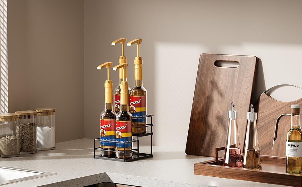 4 Bottle Capacity Coffee Syrup Organizer 2 Tier Coffee Syrup Stand Shelf for Coffee Bar Kitchen Small Wine Rack for Bar Family Storage for Syrup Wine Dressing