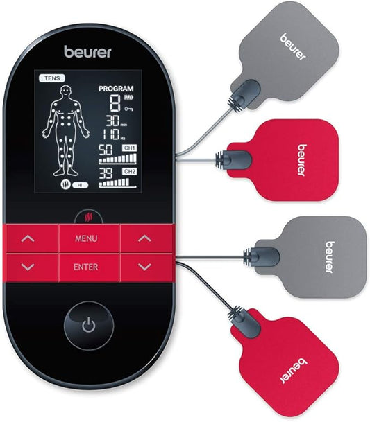 Beurer EM59 Digital 3-in-1 TENS, EMS & Heat Therapy Device for Pain Relief and Massage, Muscle Stimulator with 2 Adjustable Channels, 64 Applications, Timer Function