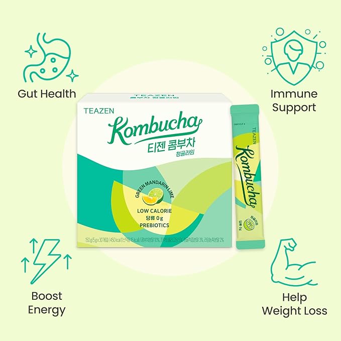 TEAZEN Green Mandarin Lime Kombucha Tea, Hydration Drink Mix, Sugar Free, Live Probiotics & Prebiotics, 30 Sticks, 5.29oz