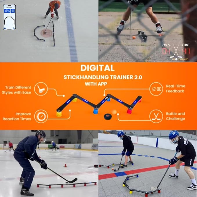 Potent Digital Stickhandling Trainer 2.0 – App-Enabled Hockey Training Aid | Real-Time Feedback, Scoreboard & Timer | Portable On/Off Ice Puck Handling & Reaction Drills