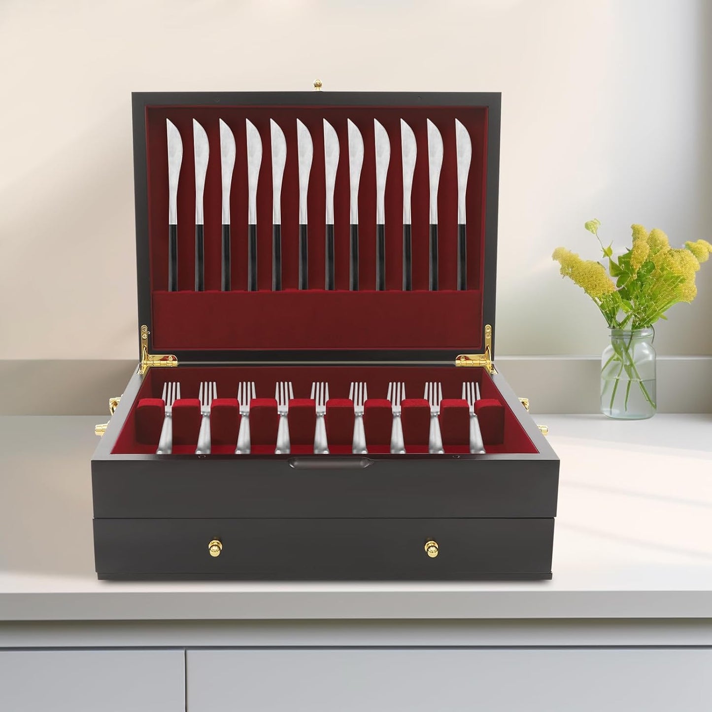 JOMCYDM Wooden Silverware Storage Box 2 Layers Silverware Chest Case with Drawer with Handle Lid Flatware Organizer for Kitchen Dining Room