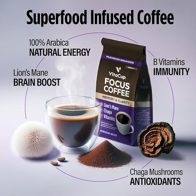 VitaCup Focus Mushroom Coffee Grounds, with Lions Mane, Chaga, B Vitamins, D3, Boost Focus, Immunity, Memory & Clarity, Medium Dark Roast, Bold & Smooth 100% Arabica Specialty, 6 bags, 10oz each