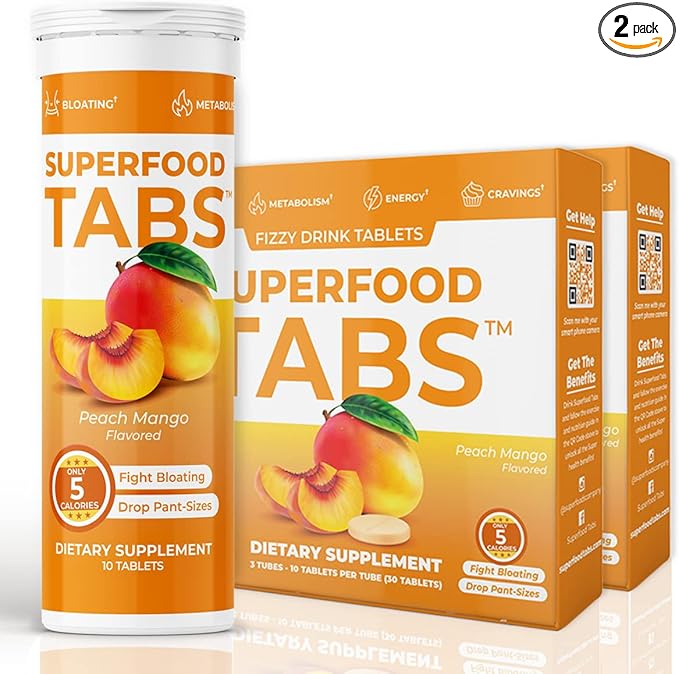 β Anti-Bloat Cleanse Drink with 15 Superfoods | Supports Digestion, Energy & Cravings | Vegan, Non-GMO | 60 Effervescent Tabs β Peach Mango Flavor