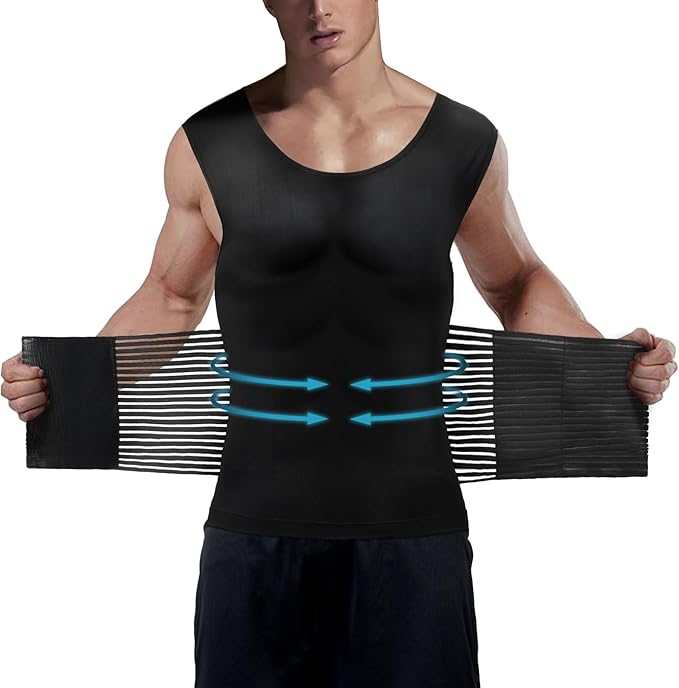 Odoland Men Body Shaper Compression Shirt, Adjustable Velcro Waist Trimmer Belt Intensity, Slimming Shapewear Tummy Control