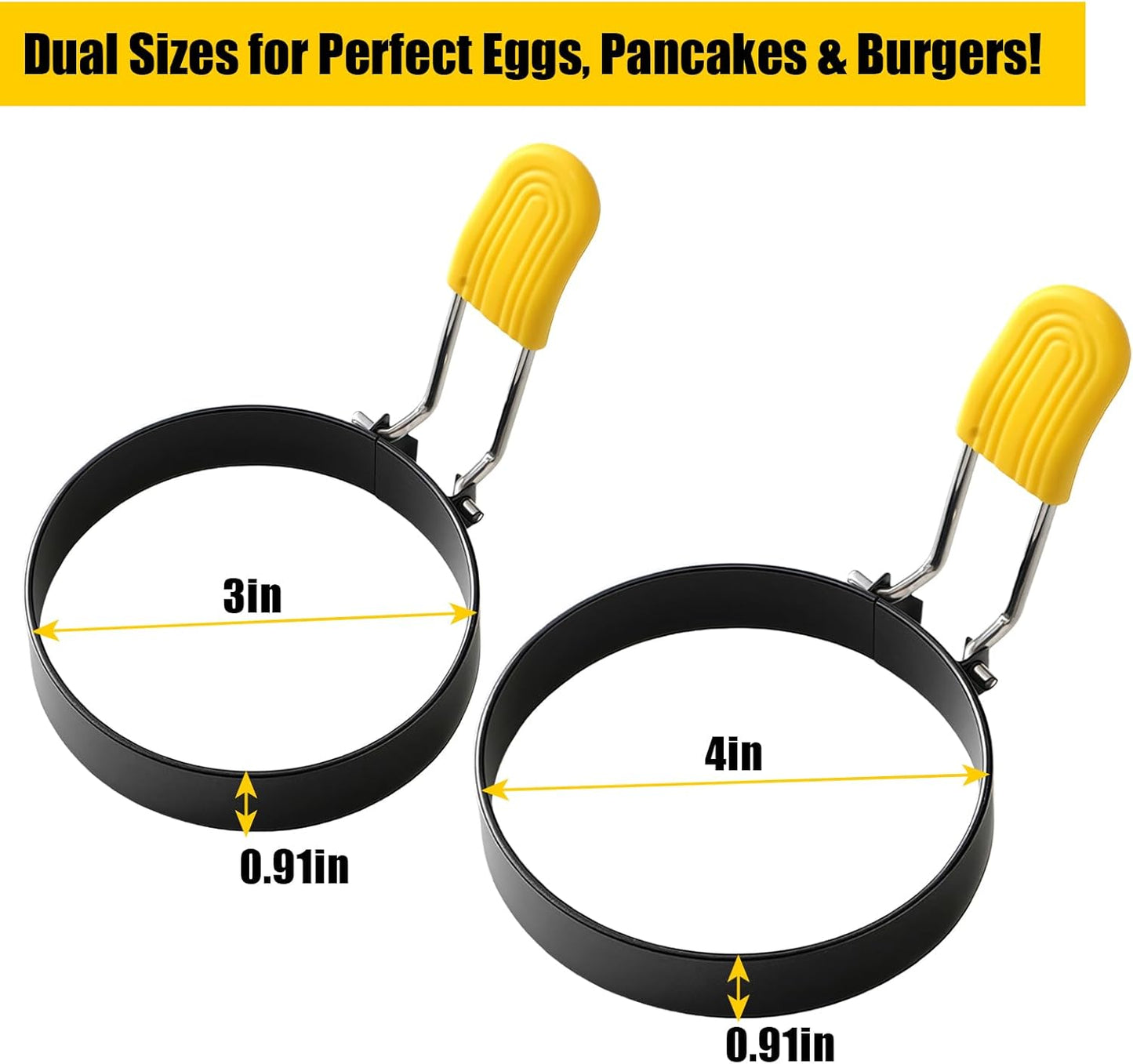 4 Pack Fried Egg Molds Round Stainless Steel Fried Egg Ring with Silicone Handle Perfect for Making Breakfast Sandwiches, Burgers, Pancakes Suitable for Home or Breakfast Carts (3 inch & 4 inch)