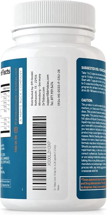 Dr. Tobias Colon 14 Day Cleanse, Advanced Gut Cleanse Detox for Women & Men with Cascara Sagrada, Psyllium Husk, Senna Leaf & Probiotics, Non-GMO Colon Cleanse, 28 Capsules 1-2 Daily