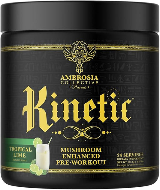 Ambrosia Kinetic Organic Preworkout, Mushroom Enhanced Natural Pre Workout Supplement, Nootropic Superfood Powder for Energy (Tropical Lime)