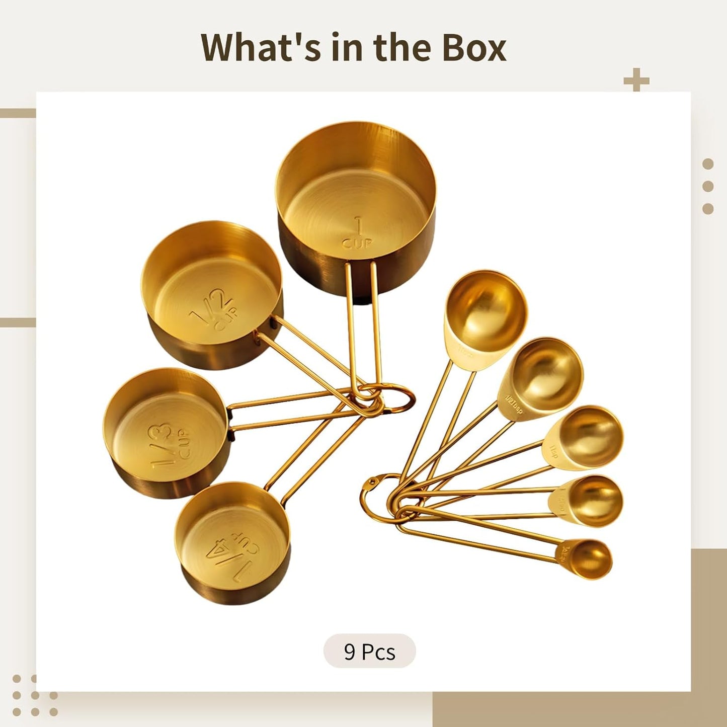 Stainless Steel Measuring Cups and Spoons Set, 9 Piece with Engraved Marks, Food Safe, Easy Stack Gold Measuring Set for Baking and Cooking