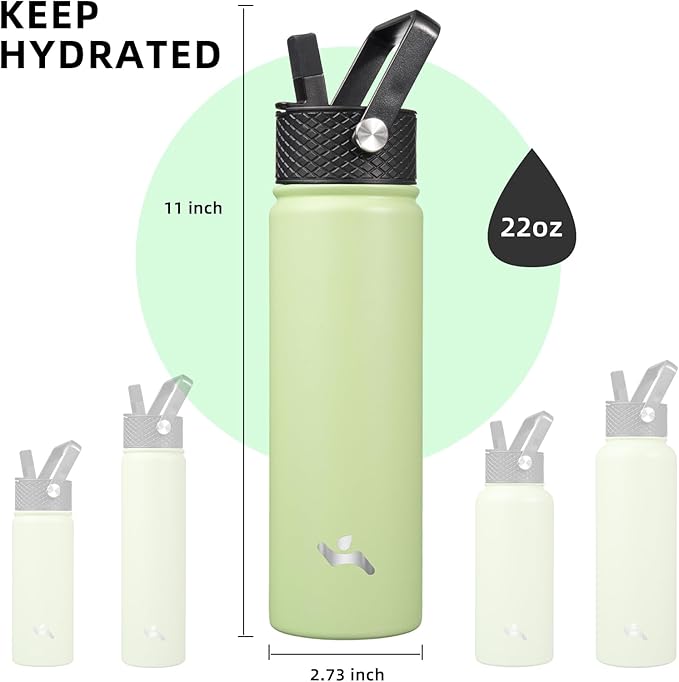 22oz Stainless Steel Bottles with 3 Lids Sport Insulated Water Bottle,Macaron Green
