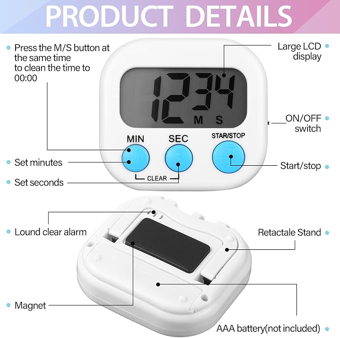 Weewooday 24 Pieces Digital Kitchen Timer Magnetic Timers for Classroom ON/Off Switch Minute Second Count up Countdown Big LCD Display Loud Alarm for Exercise Cook Baking Teacher Kid (Assorted Color)