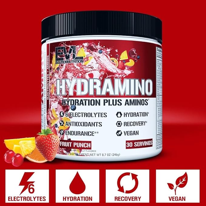 Evlution Nutrition HYDRAMINO Complete Hydration Multiplier, All 6 Electrolytes, Vitamin C & B, Fluid Boosting Aminos, Coconut Water, Endurance, Recovery, Antioxidants, 30 Serve, Fruit Punch