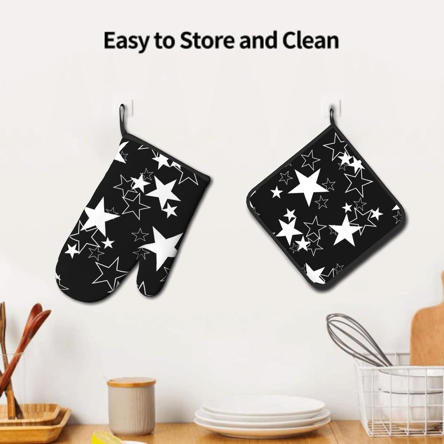 Black Star Oven Mitts and Pot Holder Set of 2 Galaxy Space Heat Resistant Kitchen Oven Gloves Potholders for Baking Cooking Grilling BBQ