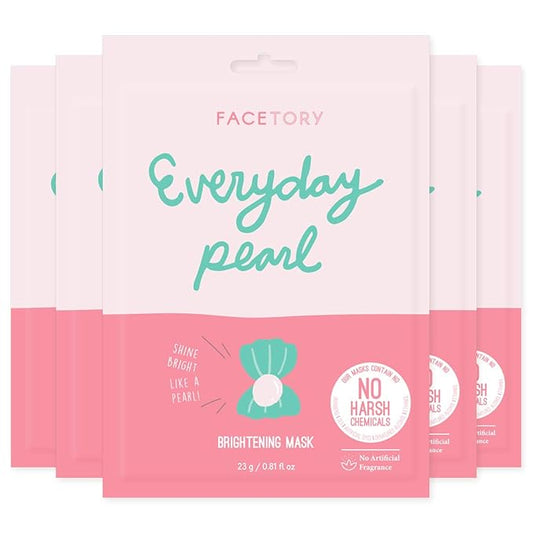 FACETORY K Beauty Face Mask Skin Care - Everyday PEARL Brightening Sheet Mask | Plant-Based with Pearl Essence (5 Pack)