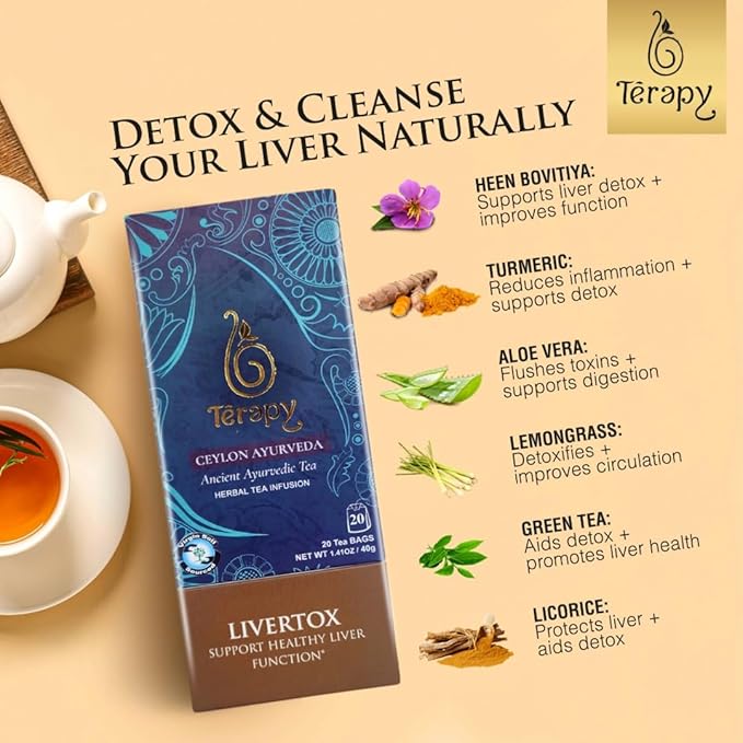 Tรฉrapy Ceylon LIVERTOX Organic Herbal Tea Bags | Helps with Liver Kidney Cleanse Detox & Repair | 100% Natural Ayurvedic Ingredients including Turmeric, Aloe Vera and Lemongrass | 20 Individually Wrapped Tea Bags