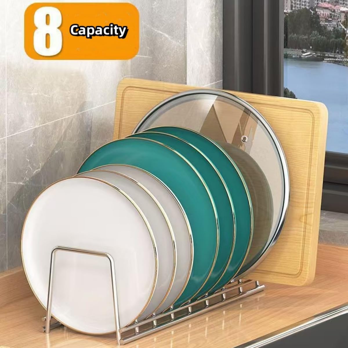 Dish Rack Plates Holder 2 Pack set, Plate organizer for cabinet space saver, Pan lid organizer, Kitchen Storage Cabinet Organizer for Plates/bowls/cups/lids/cutting boards/spatulas